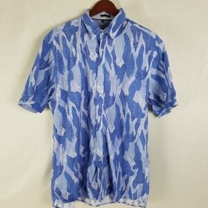 Luciano Visconti Mens XXL Blue Camo Print Short Sleeve Button Up Shirt Cotton‎